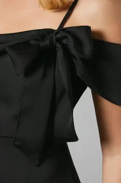 Draped Bardot Tie Detail Satin Bridesmaid Maxi Dress