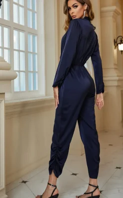 Drape Detail Satin Wrap Jumpsuit In Navy