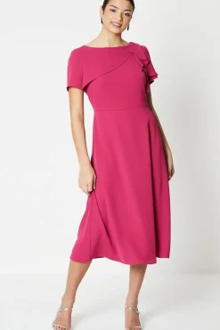 Draped Ruffle Shoulder Fit And Flare Midi Dress