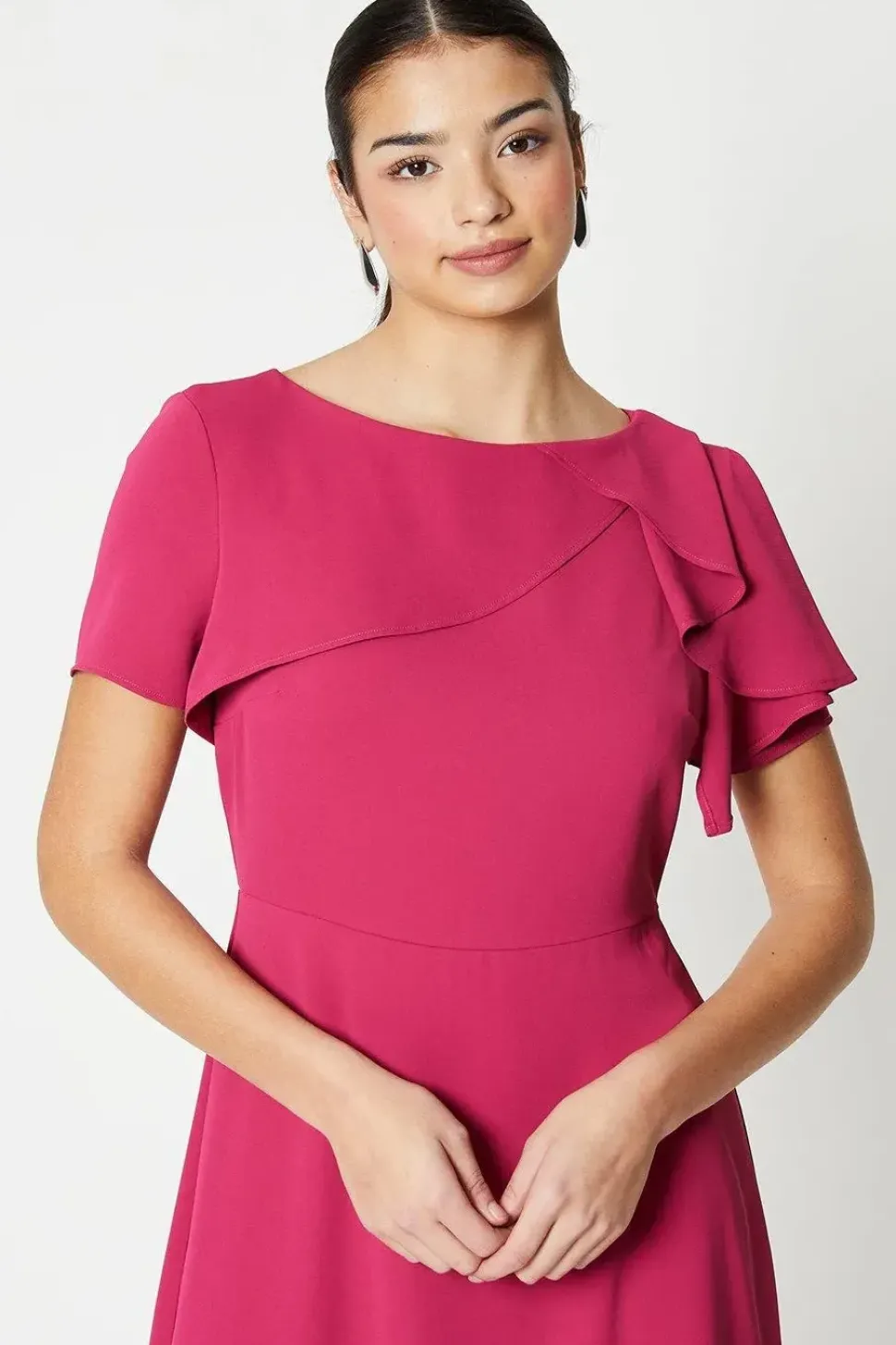 Draped Ruffle Shoulder Fit And Flare Midi Dress