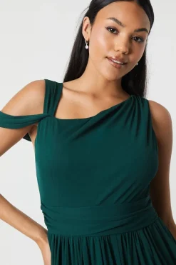 Draped Shoulder Stretch Mesh Bridesmaid Maxi Dress