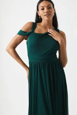 Draped Shoulder Stretch Mesh Bridesmaid Maxi Dress