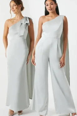 Drape Shoulder Satin Bridesmaids Jumpsuit
