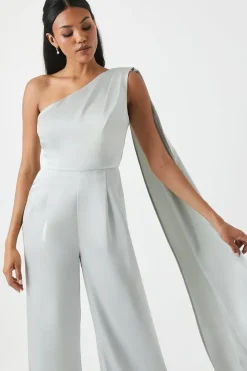 Drape Shoulder Satin Bridesmaids Jumpsuit