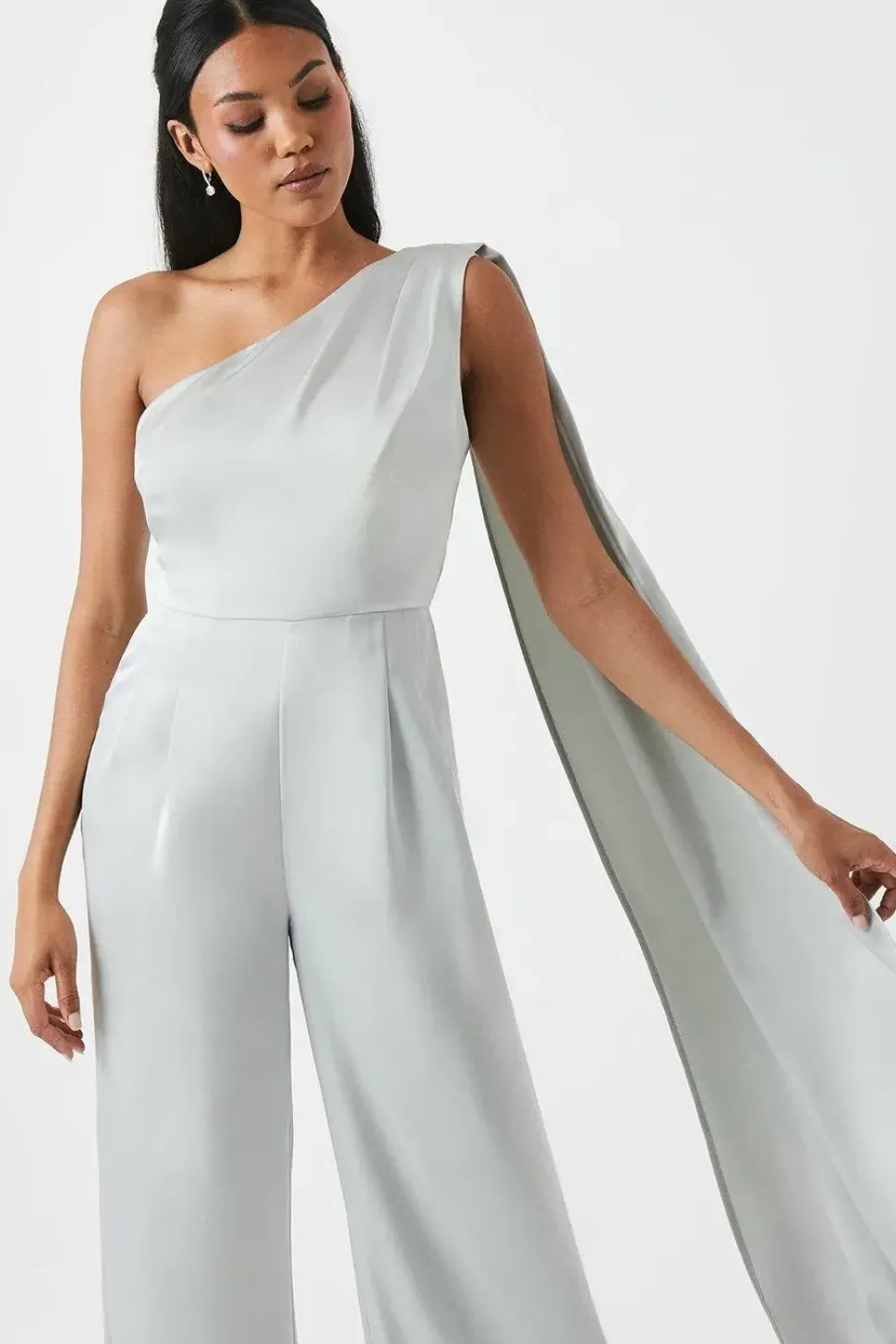 Drape Shoulder Satin Bridesmaids Jumpsuit