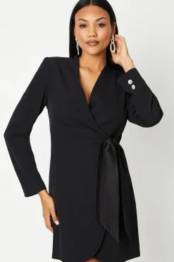 Drape Wrap Blazer Dress With Gem Buttons