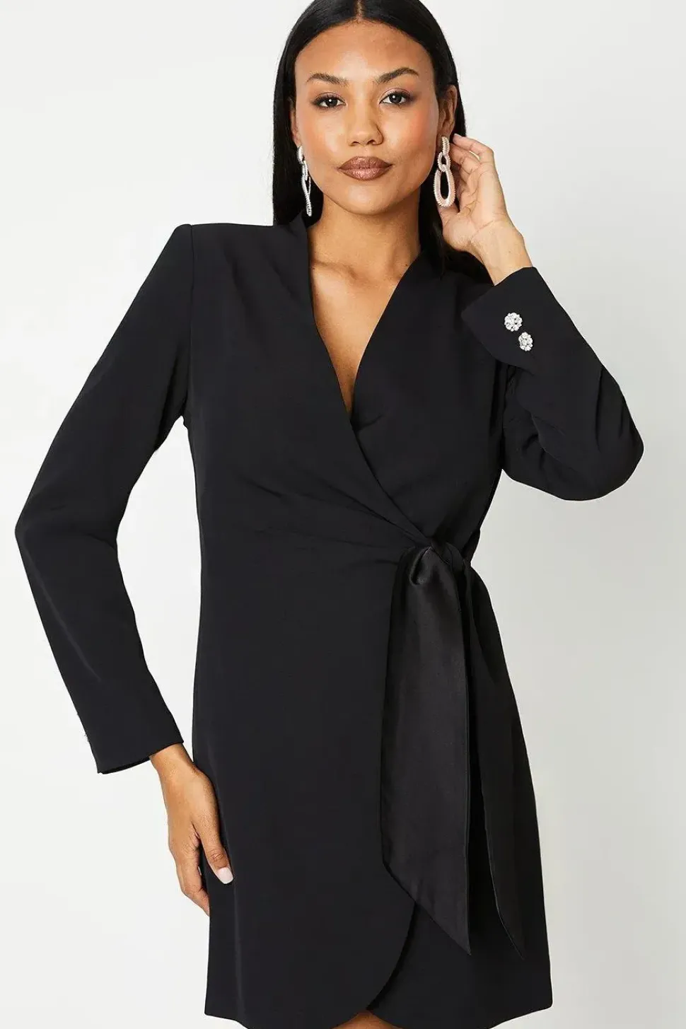 Drape Wrap Blazer Dress With Gem Buttons