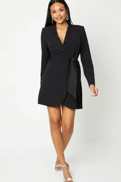 Drape Wrap Blazer Dress With Gem Buttons