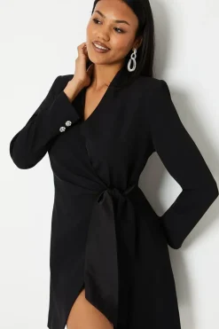 Drape Wrap Blazer Dress With Gem Buttons
