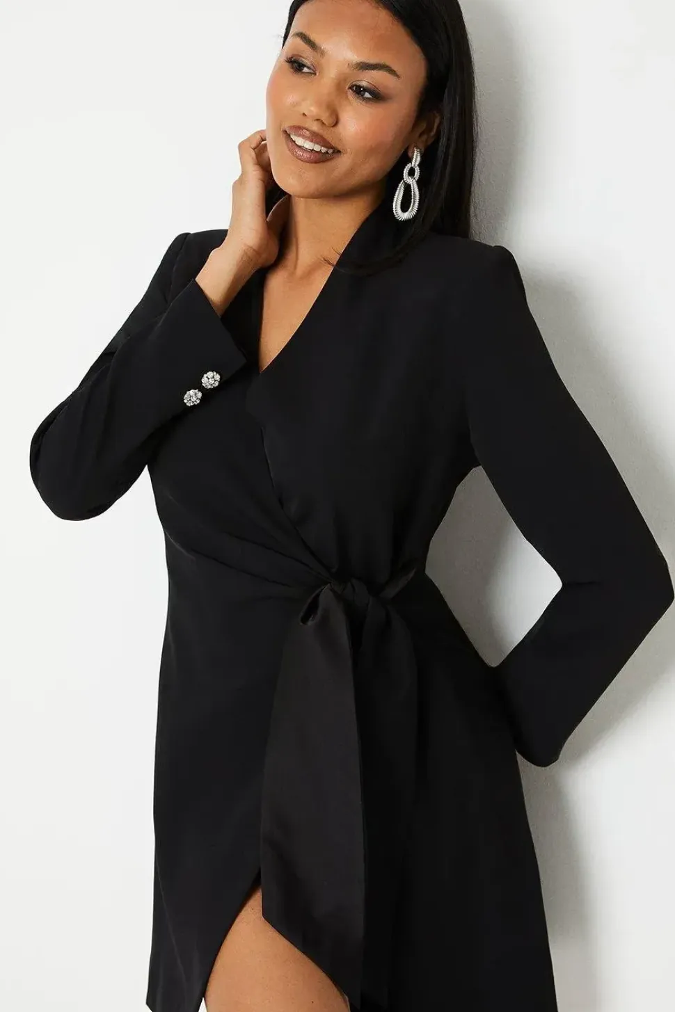 Drape Wrap Blazer Dress With Gem Buttons
