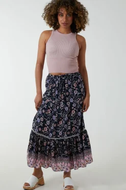 Elasticated Waistband Tiered Midi Skirt
