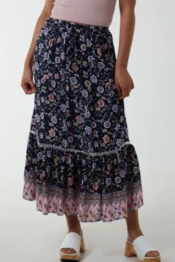 Elasticated Waistband Tiered Midi Skirt