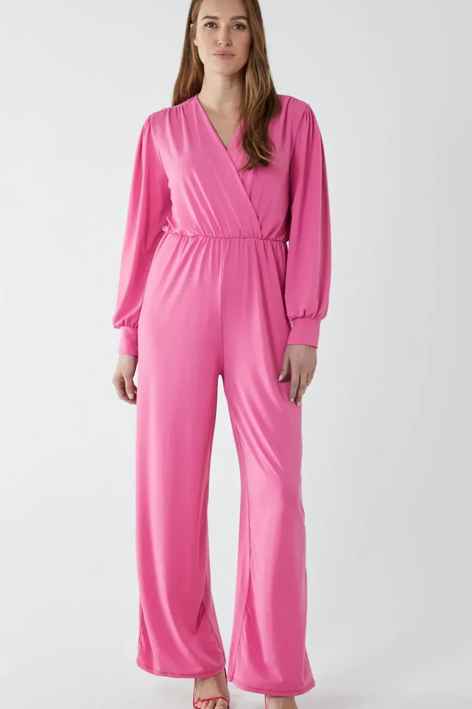 Elasticated Waist Crossover Long Sleeve Jumpsuit