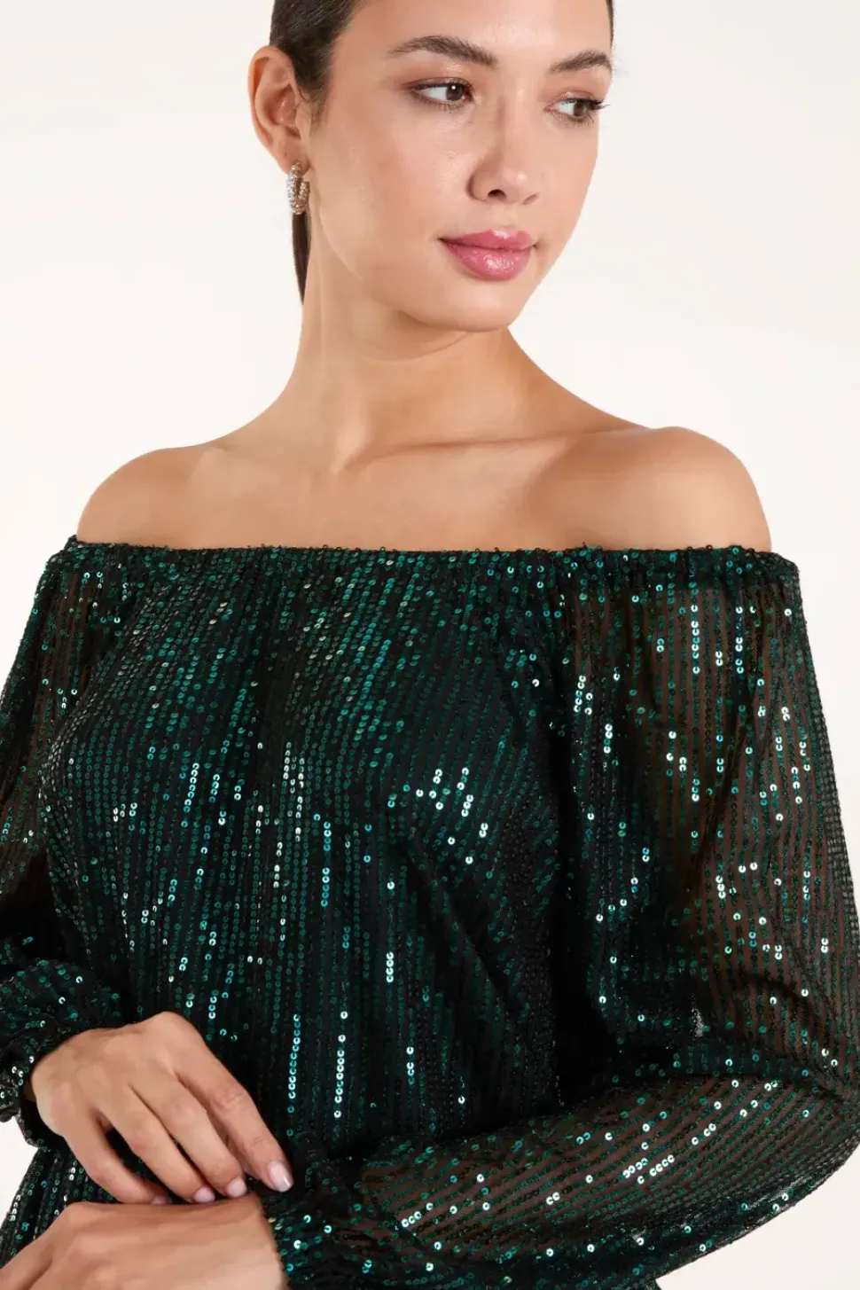 Elastic Neck Puffball Sequin Top