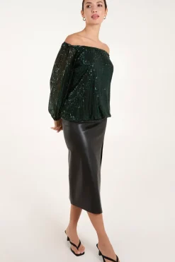 Elastic Neck Puffball Sequin Top
