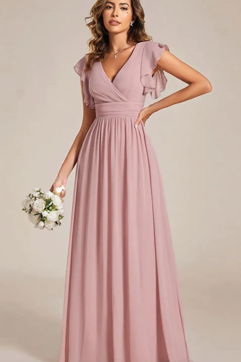 Elegant V-Neck Open Back Chiffon Bridesmaid Dress with Ruffled Sleeves
