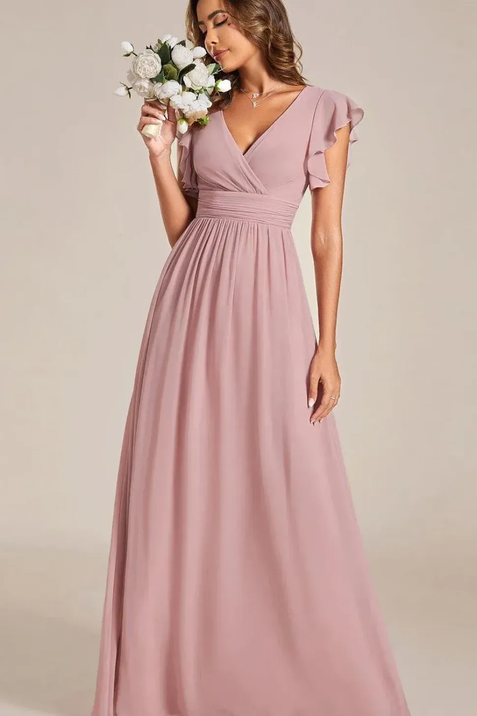 Elegant V-Neck Open Back Chiffon Bridesmaid Dress with Ruffled Sleeves