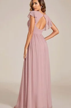 Elegant V-Neck Open Back Chiffon Bridesmaid Dress with Ruffled Sleeves
