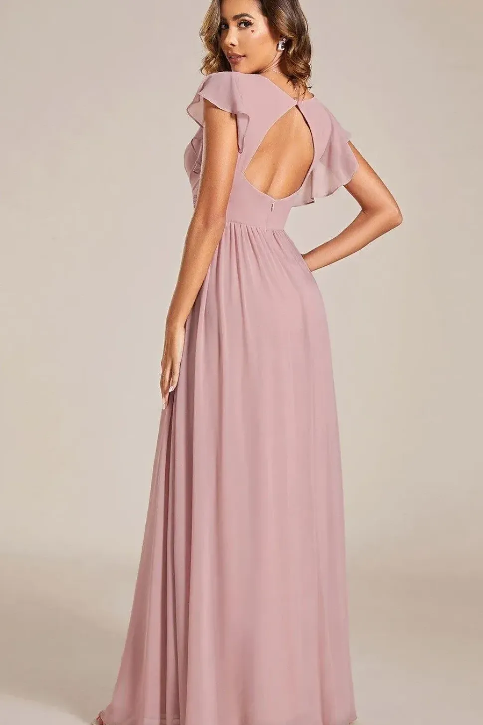 Elegant V-Neck Open Back Chiffon Bridesmaid Dress with Ruffled Sleeves