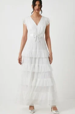Embellished Bow Detail Mesh Tiered Wedding Dress