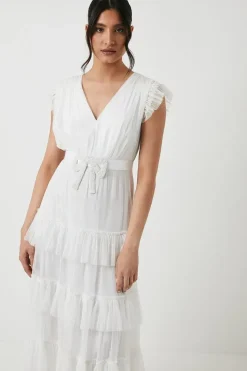 Embellished Bow Detail Mesh Tiered Wedding Dress