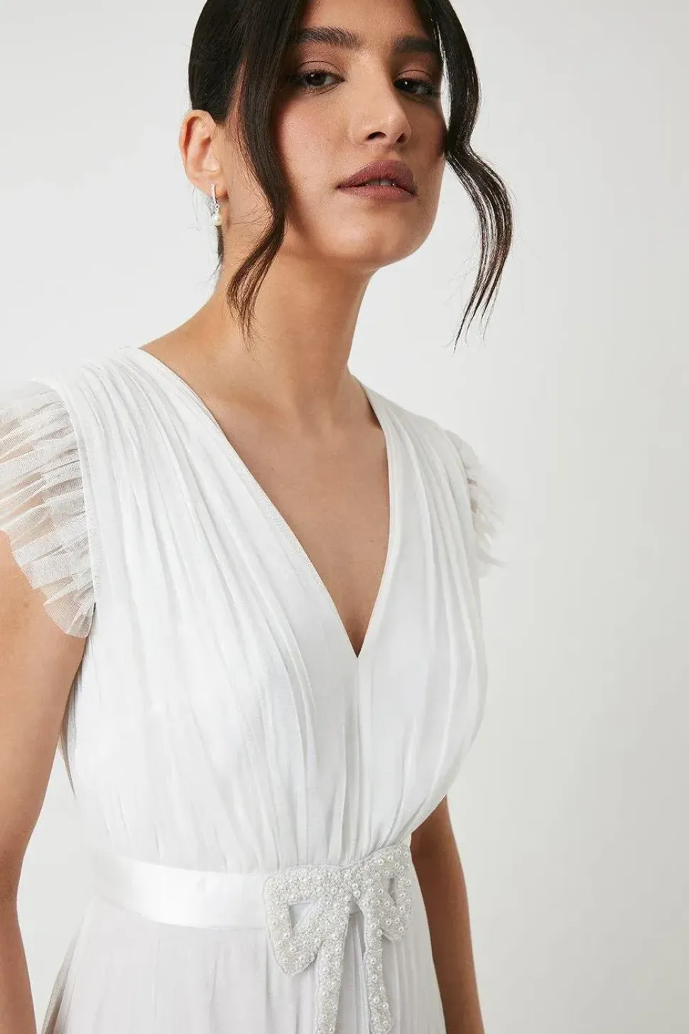 Embellished Bow Detail Mesh Tiered Wedding Dress