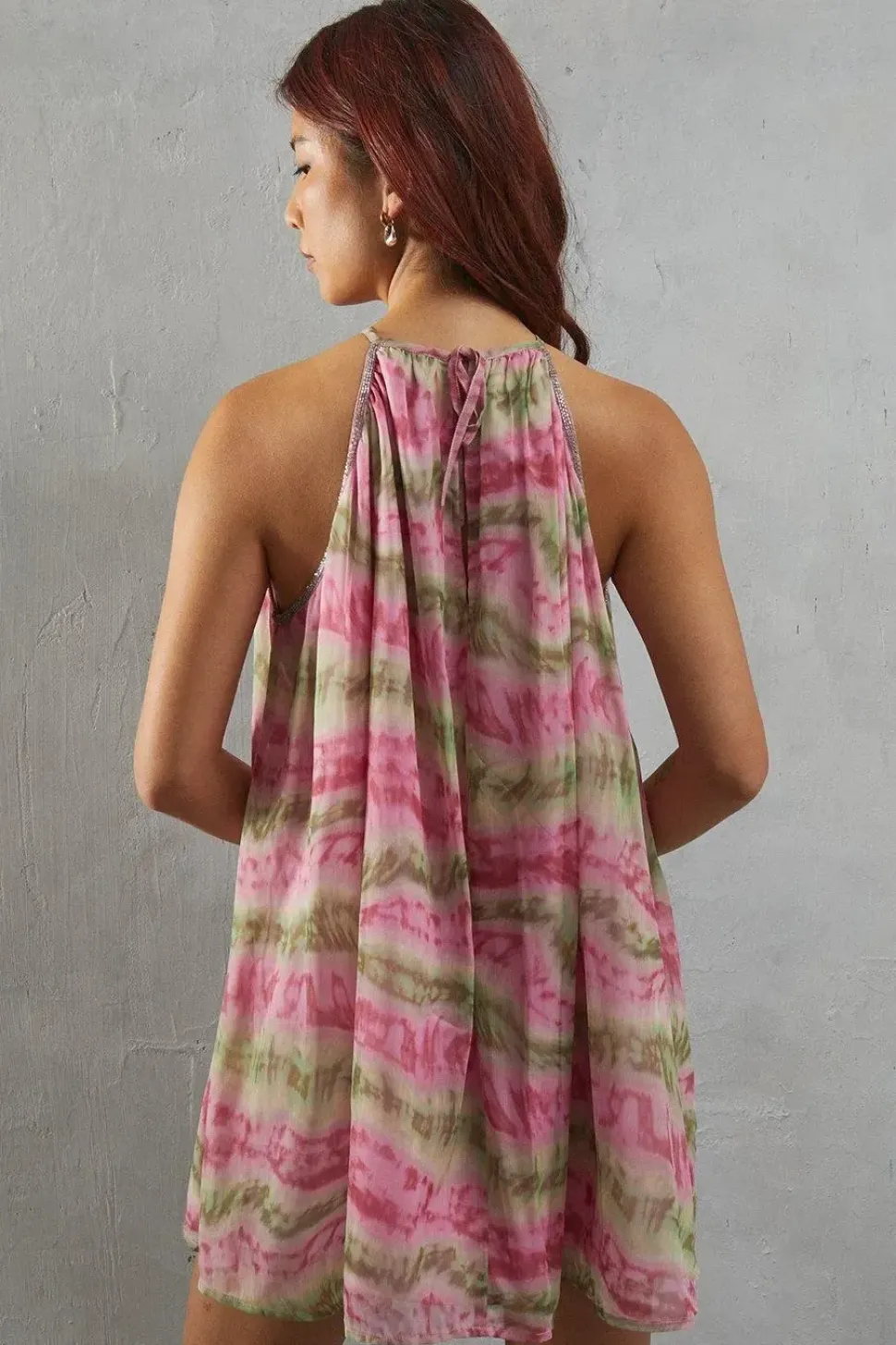 Embellished Chiffon Sequin Marble Print Halter Mini Dress