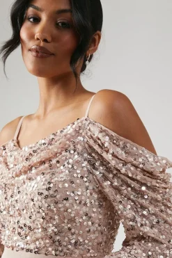 Embellished Cowl Top Long Sleeve Bridesmaids Dress
