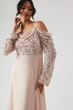 Embellished Cowl Top Long Sleeve Bridesmaids Dress