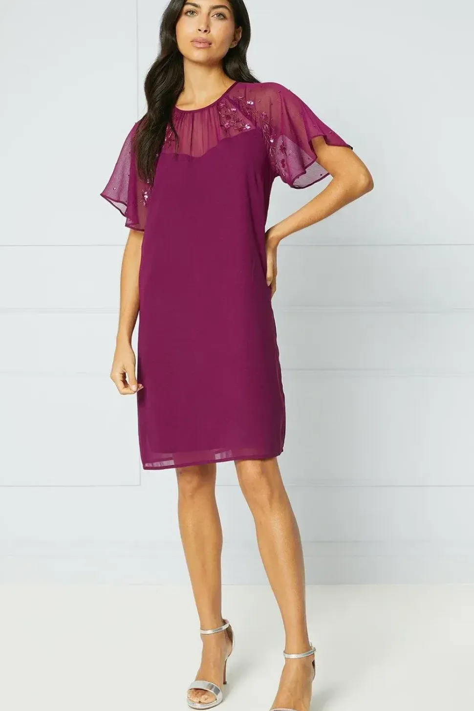 Embellished Crinkle Sleeve Shift Dress