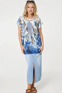 Embellished Feather Print Tunic Top