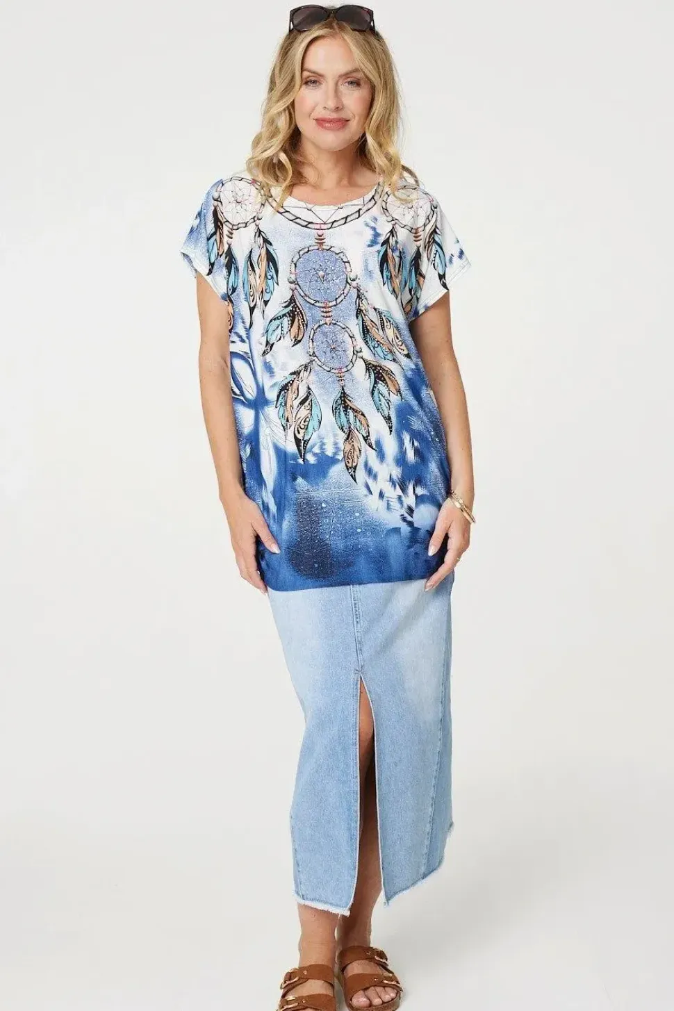 Embellished Feather Print Tunic Top