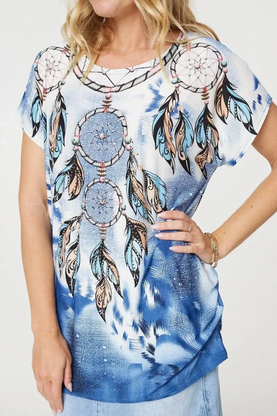 Embellished Feather Print Tunic Top