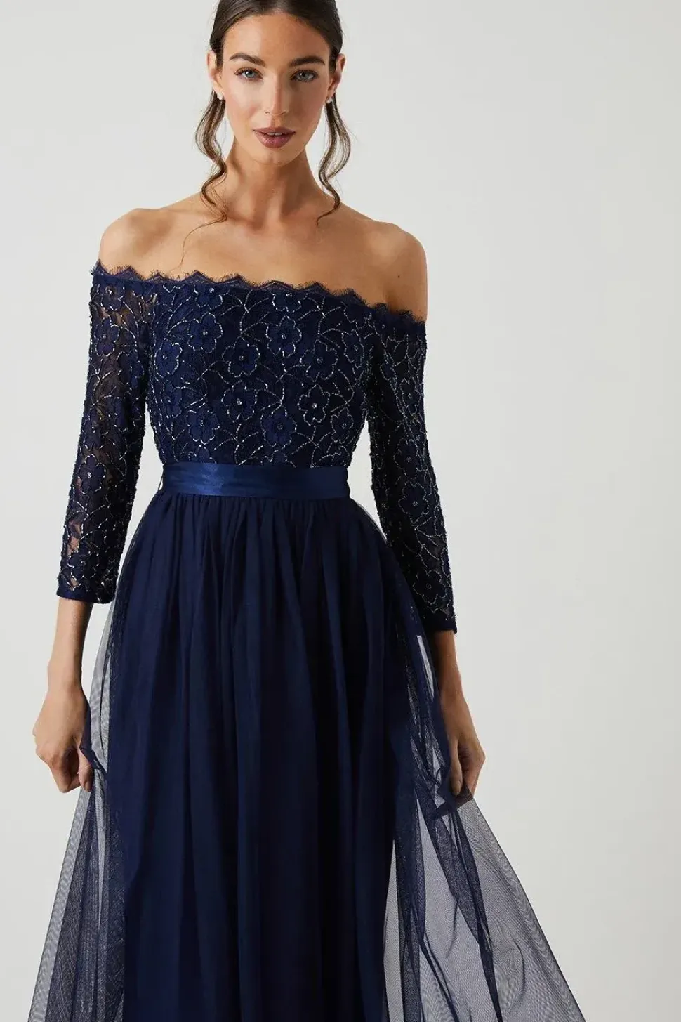 Embellished Lace Bardot Midi Bridesmaid Dress