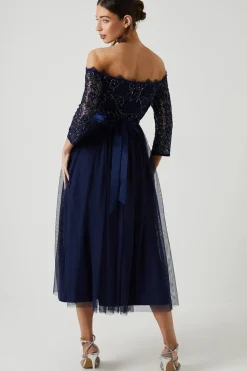 Embellished Lace Bardot Midi Bridesmaid Dress
