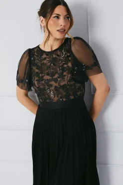 Embellished Lace Bodice Pleated Midi Dress