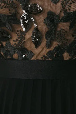 Embellished Lace Bodice Pleated Midi Dress
