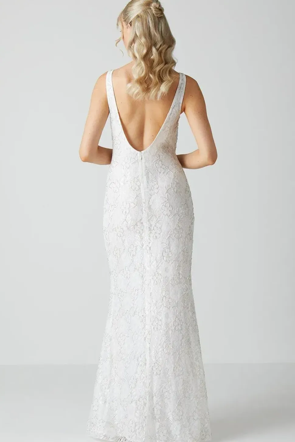 Embellished Lace Column Maxi Wedding Dress