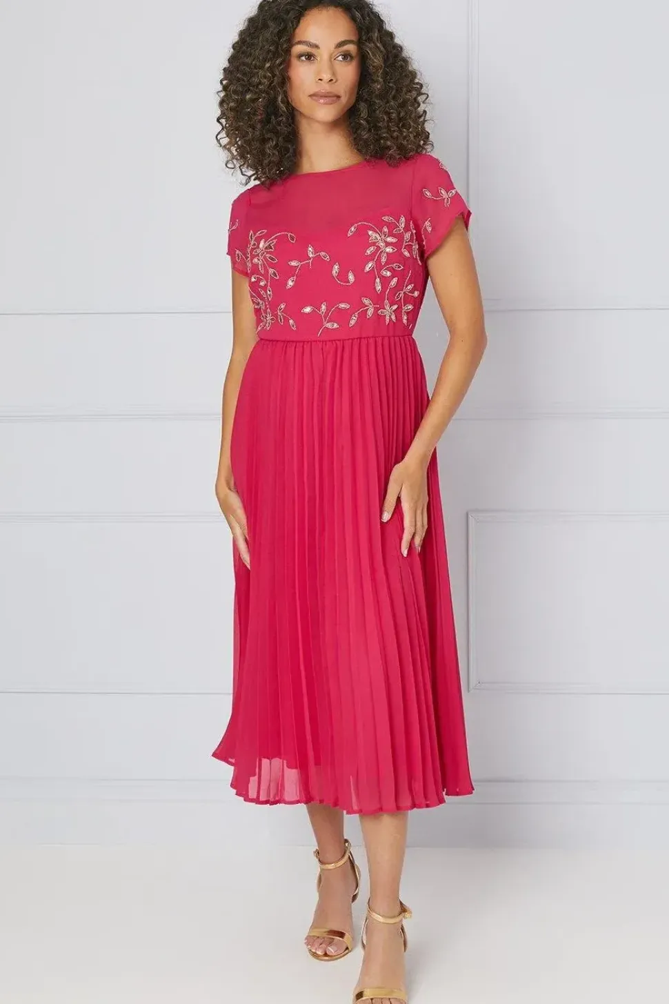 Embellished Lace Pleated Midi Dress