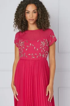 Embellished Lace Pleated Midi Dress