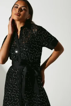 Embellished ¾ Length Sleeve Lace Tie Waist Midi Shirt Dress