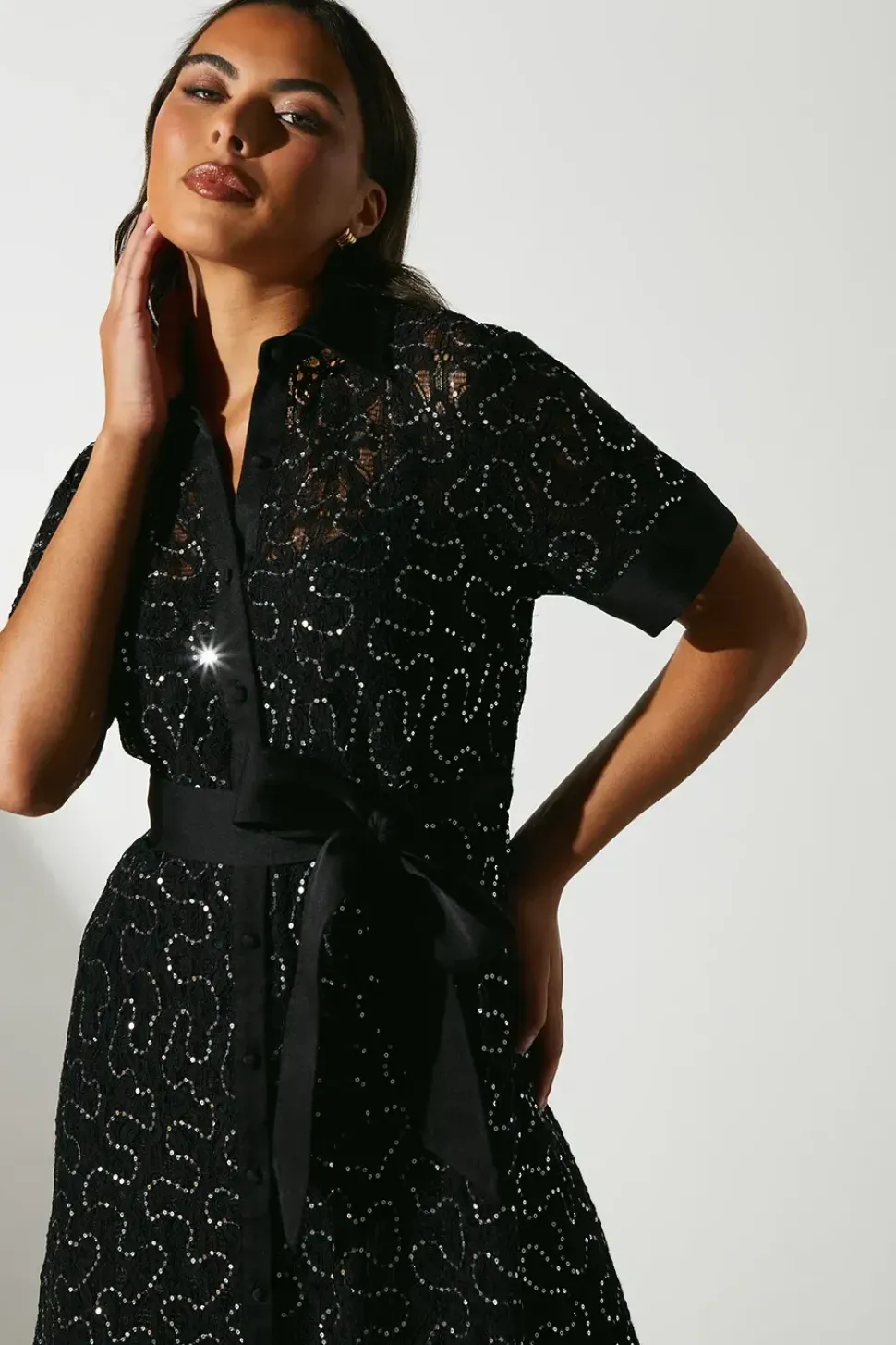 Embellished ¾ Length Sleeve Lace Tie Waist Midi Shirt Dress