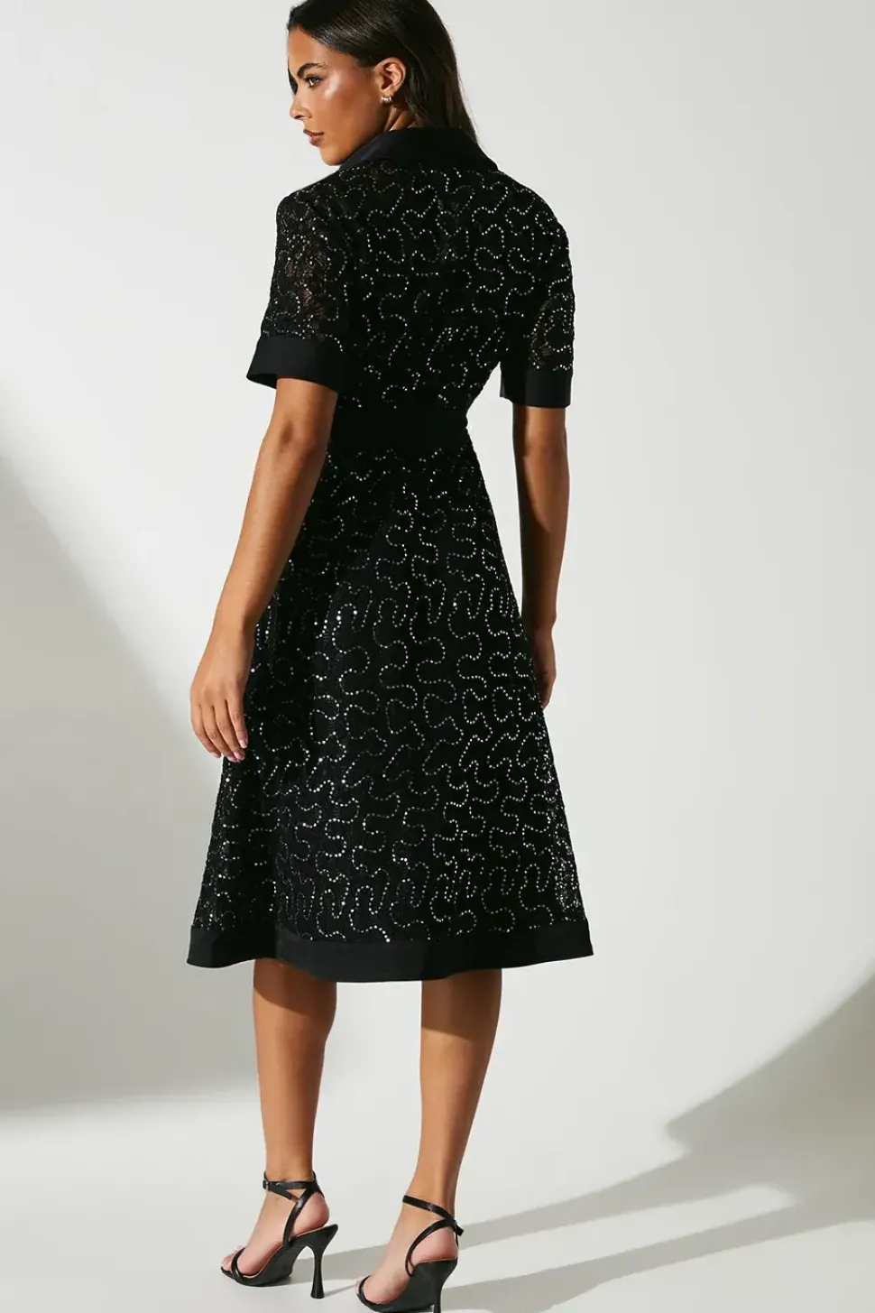 Embellished ¾ Length Sleeve Lace Tie Waist Midi Shirt Dress
