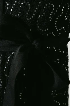 Embellished ¾ Length Sleeve Lace Tie Waist Midi Shirt Dress