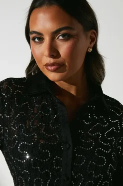 Embellished ¾ Length Sleeve Lace Tie Waist Midi Shirt Dress