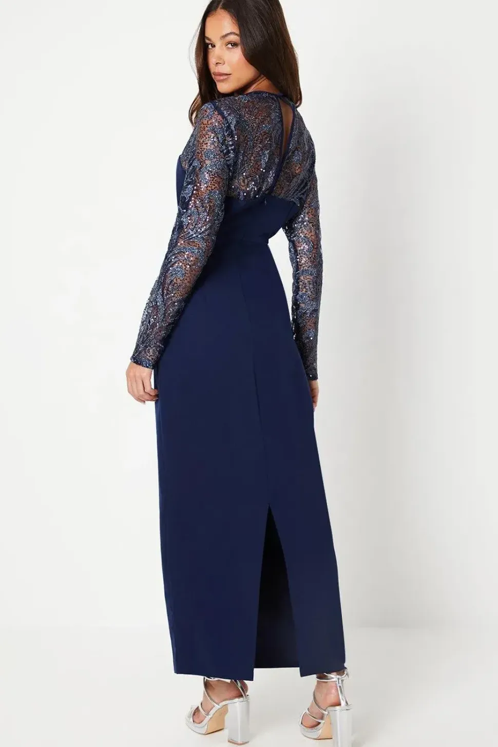 Embellished Long Sleeve Column Maxi Dress