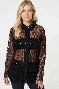 Embellished Long Sleeve Sheer Shirt