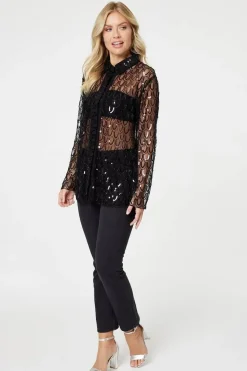 Embellished Long Sleeve Sheer Shirt