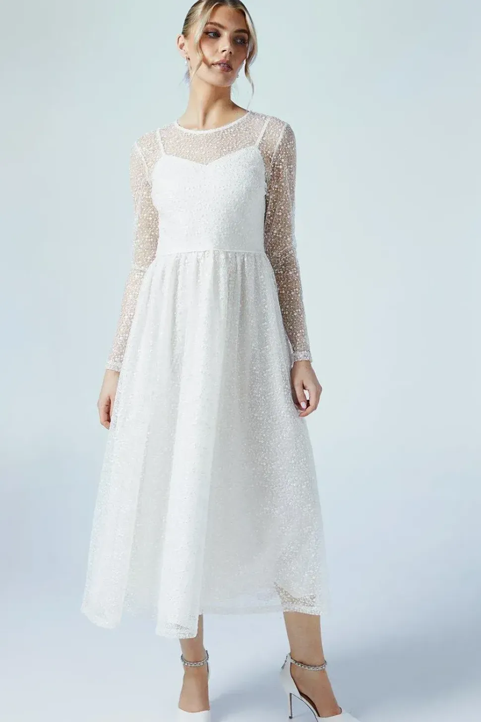 Embellished Mesh Long Sleeve Full Skirted Wedding Dress