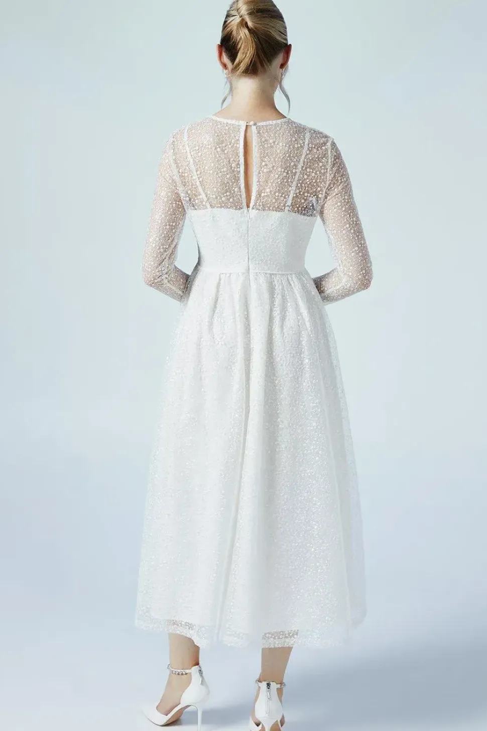 Embellished Mesh Long Sleeve Full Skirted Wedding Dress